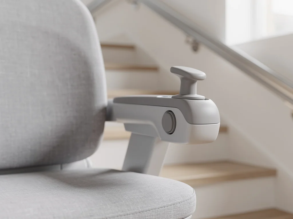 Accoudoir d'un monte-escalier automatique avec sa manette de commande et son bouton d'appel