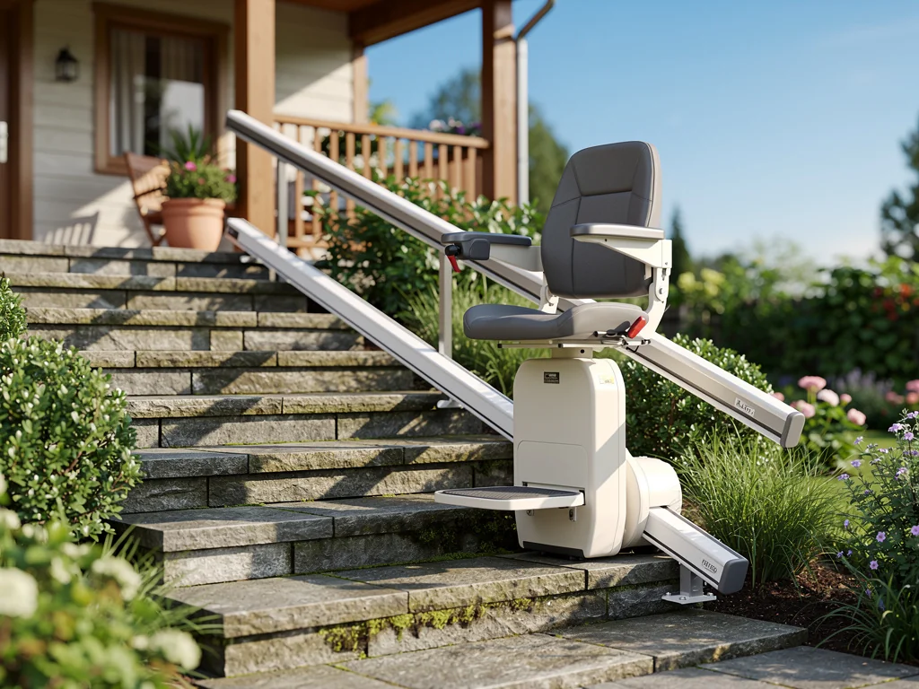 Monte-escalier extérieur motorisé desservant les marches d'un perron de maison