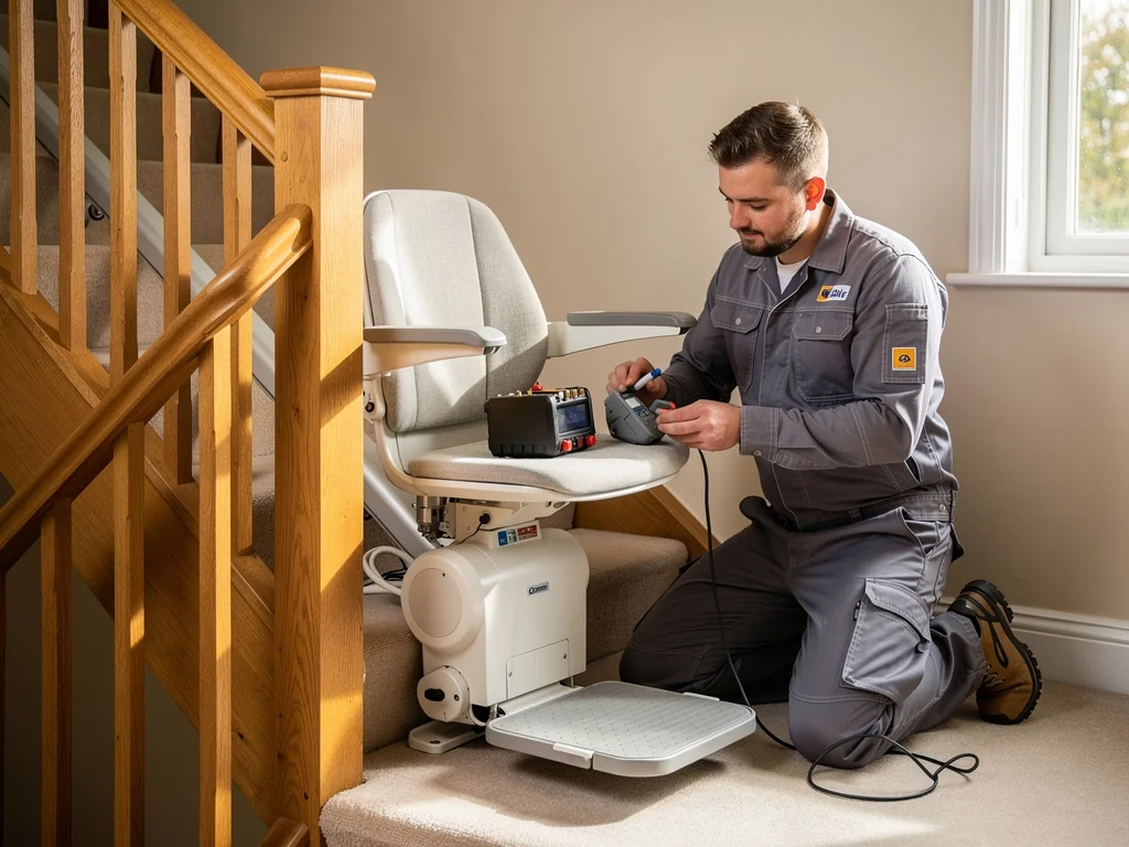 Technicien réglant un monte-escalier automatique pendant la mise en service